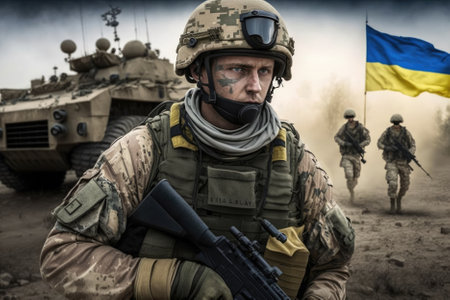 Ukrainian soldier against Ukraine flag background, showcasing national pride and military strength. AI Generativeの素材