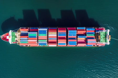 container ship is captured in a top-down aerial view, sailing through the vast expanse of the ocean. The image showcases the impressive size and scale of container ships, which play a vital role in the global economy by transporting goods across vast distances. AI Generativeの素材