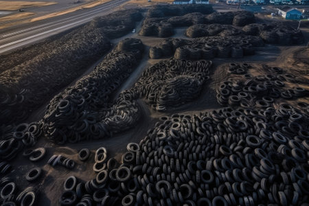massive dump of car tires, creating an unsightly and potentially hazardous eyesore. The image highlights the growing issue of waste management and the need for responsible disposal of materials to protect the environment and human health. Generative AIの素材