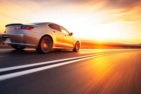 car is captured in motion on a highway during a beautiful sunset, with its surroundings blurred to convey a sense of speed and movement. The image represents the freedom and thrill of driving on the open road, as well as the beauty of nature and the changing sky. Generative AIの素材