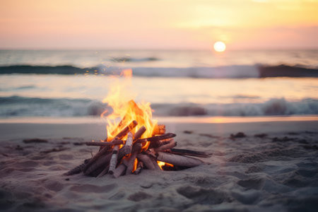beautiful sunset over the sea is accompanied by a blazing fire on the beach, creating a warm and inviting atmosphere. The image showcases the contrast between the coolness of the ocean and the warmth of the fire, as well as the natural beauty and serenity of the environment. Generative AIの素材