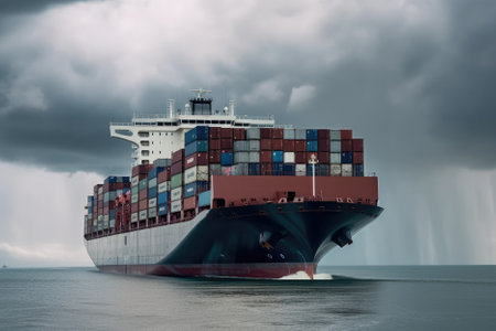container ship sailing through the vast expanse of the ocean. The image showcases the impressive size and scale of container ships, which play a vital role in the global economy by transporting goods across vast distances. AI Generativeの素材