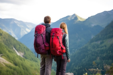 couple with backpacks are seen walking towards a majestic mountain view, with their backs turned towards the camera. The image evokes a sense of adventure, freedom, and exploration, as well as the bond between two people sharing a love for nature and the outdoors. Generative AIの素材