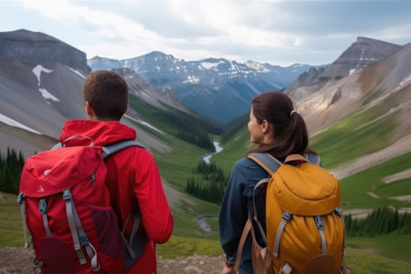 couple with backpacks are seen walking towards a majestic mountain view, with their backs turned towards the camera. The image evokes a sense of adventure, freedom, and exploration, as well as the bond between two people sharing a love for nature and the outdoors. Generative AIの素材