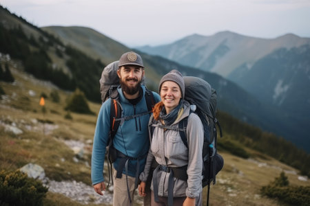 couple with backpacks are seen standing in front of a breathtaking mountain range. The image captures the beauty and awe-inspiring grandeur of nature, as well as the sense of adventure and exploration that comes with hiking and backpacking in the mountains. Generative AIの素材