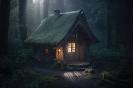mysterious forest with a small hut, and light shining through its windows. The image evokes a sense of intrigue and curiosity, as well as a desire to explore and uncover the secrets hidden within the forest. Generative AIの素材