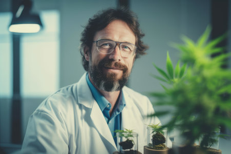 man scientist in a laboratory researching medical marijuana, showcasing the intersection of science and medicine in the growing field of cannabis research. The image conveys a sense of innovation and progress, highlighting the potential benefits of medical marijuana in treating various ailments. Generative AIの素材