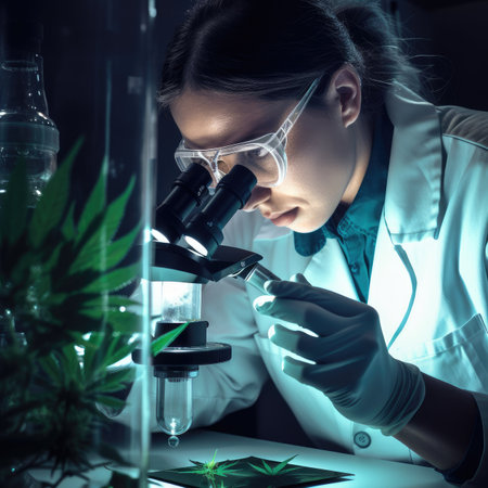 woman scientist in a laboratory researching medical marijuana, showcasing the intersection of science and medicine in the growing field of cannabis research. The image conveys a sense of innovation and progress, highlighting the potential benefits of medical marijuana in treating various ailments. Generative AIの素材