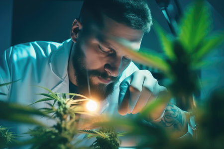man scientist in a laboratory researching medical marijuana, showcasing the intersection of science and medicine in the growing field of cannabis research. The image conveys a sense of innovation and progress, highlighting the potential benefits of medical marijuana in treating various ailments. Generative AIの素材