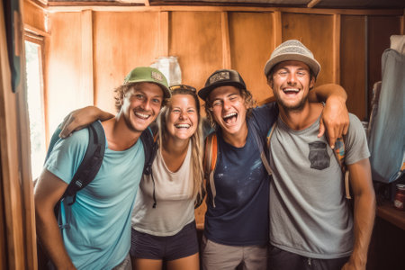 group of cheerful backpackers enjoying their stay in a hostel. With their smiling faces and relaxed demeanor. Generative AIの素材