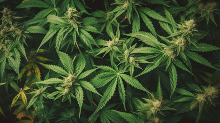 close-up shot of many marijuana leaves overlapping each other, creating a vibrant and lush green background. Generative AIの素材