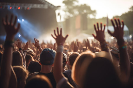 group of people is seen from the back with their hands up, dancing and enjoying the music at a festival. Generative AIの素材