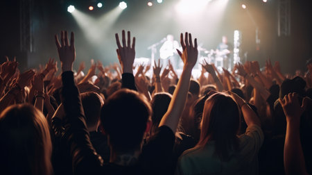 group of people is seen from the back with their hands up, dancing and enjoying the music at a festival. Generative AIの素材
