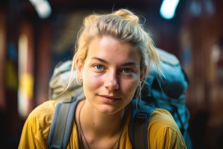 woman backpacker is captured in the hostel with a selective focus, emphasizing her facial expression and features. Generative AIの素材