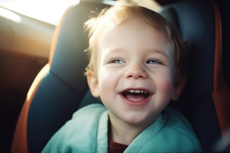cheerful child sitting in a car seat, with a big smile on their face. Generative AIの素材