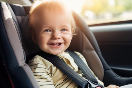 cheerful child sitting in a car seat, with a big smile on their face. Generative AIの素材