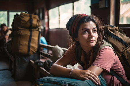 woman backpacker is captured in the hostel with a selective focus, emphasizing her facial expression and features. The warm light and cozy atmosphere of the hostel can be seen in the background, adding to the ambiance of the shot. Generative AIの素材
