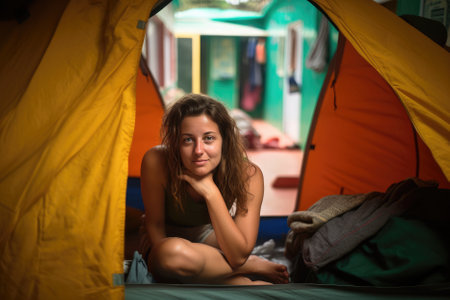 woman backpacker is captured in the hostel with a selective focus, emphasizing her facial expression and features. The warm light and cozy atmosphere of the hostel can be seen in the background, adding to the ambiance of the shot. Generative AIの素材