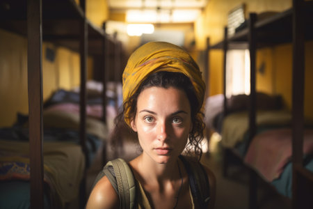 woman backpacker is captured in the hostel with a selective focus, emphasizing her facial expression and features. The warm light and cozy atmosphere of the hostel can be seen in the background, adding to the ambiance of the shot. Generative AIの素材