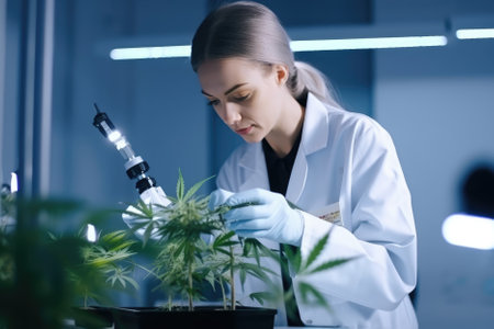 woman scientist in a laboratory researching medical marijuana, showcasing the intersection of science and medicine in the growing field of cannabis research. The image conveys a sense of innovation and progress, highlighting the potential benefits of medical marijuana in treating various ailments. Generative AIの素材