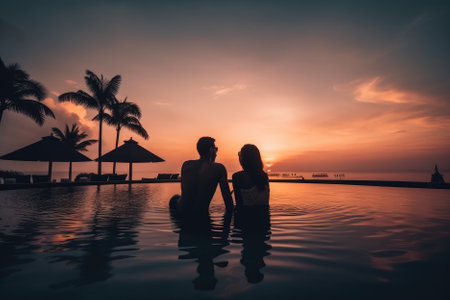 A young couple traveler is unwinding and taking in the beauty of the sunset at a tropical resort while on a summer vacation. They are enjoying a serene moment together in a picturesque setting, creating unforgettable memories. Generative AIの素材