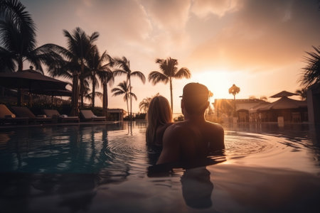A young couple traveler is unwinding and taking in the beauty of the sunset at a tropical resort while on a summer vacation. They are enjoying a serene moment together in a picturesque setting, creating unforgettable memories. Generative AIの素材