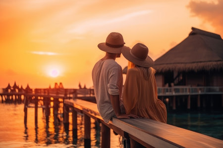 A young couple traveler is unwinding and taking in the beauty of the sunset at a tropical resort while on a summer vacation. They are enjoying a serene moment together in a picturesque setting, creating unforgettable memories. Generative AIの素材