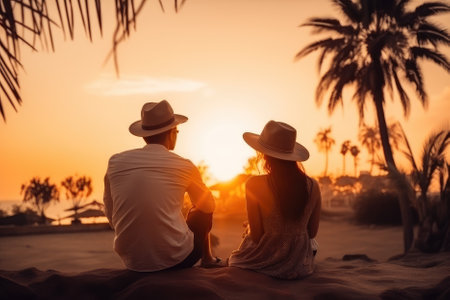A young couple traveler is unwinding and taking in the beauty of the sunset at a tropical resort while on a summer vacation. They are enjoying a serene moment together in a picturesque setting, creating unforgettable memories. Generative AIの素材