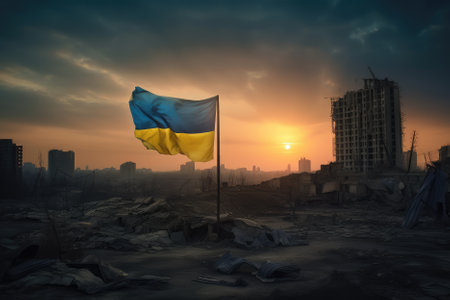 Ukraine flag flies atop a ruined building in a city, a symbol of hope and perseverance amidst destruction and chaos. The contrast between the flag's vibrant colors and the desolate surroundings creates a powerful image of resilience and national pride. Generative AIの素材