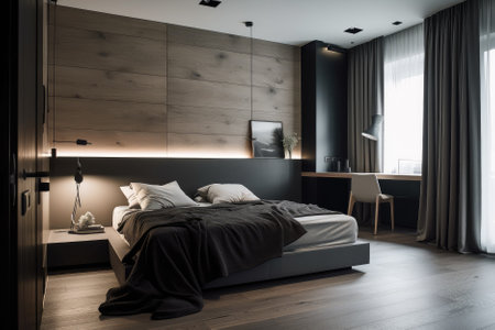 smart modern bedroom is a technologically advanced and stylish space that utilizes smart home technology to enhance the user's comfort and convenience. It may feature features such as automated lighting, temperature control, and voice-activated assistants, and often incorporates sleek and minimalist design elements. Generative AIの素材