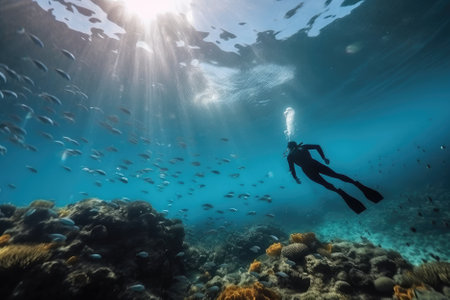 A diver in ocean underwater view is a captivating and exhilarating experience that allows you to explore the fascinating and beautiful world beneath the waves. AI Generativeの素材