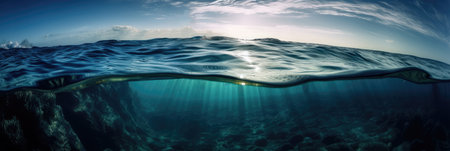 ocean panoramic view from under the water is a unique and mesmerizing perspective that offers a stunning contrast between the vibrant, colorful world below the surface and the vast, serene expanse of the sky above. With the visible border of the water, this view captures the beauty of the interplay between these two worlds, creating an unforgettable experience. Generative AIの素材