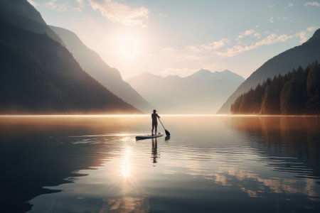 man is enjoying a peaceful morning on a mountain lake while traveling by SUP board at sunrise. He is surrounded by the stunning natural beauty of the landscape, creating a serene and unforgettable experience. Generative AIの素材