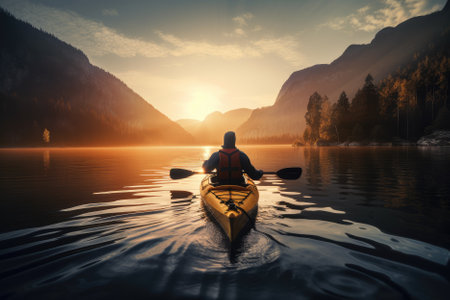 A man travelling in a kayak in a lake at sunrise in mountains is a peaceful and serene scene that captures the beauty and tranquility of nature. As he paddles through the calm waters surrounded by towering mountains and the warm glow of the rising sun, he experiences a sense of freedom and adventure that only the great outdoors can provide. Generative AIの素材