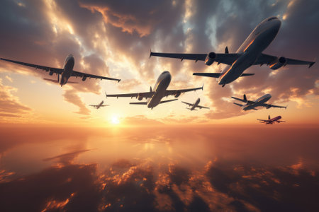 Several passenger airplanes flying above clouds at sunset is a beautiful and awe-inspiring sight that represents the freedom and adventure of air travel. AI Generativeの素材