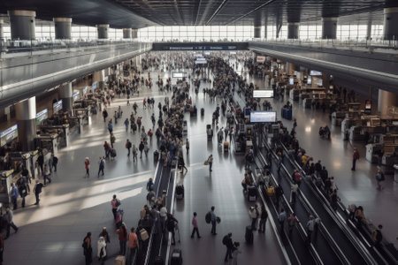 A crowd of people in a modern airport can be a bustling and energetic environment, full of diverse individuals from all around the world. The constant movement of people and the sound of planes taking off and landing can create an exciting and dynamic atmosphere, with a sense of adventure and anticipation in the air. Generative AIの素材