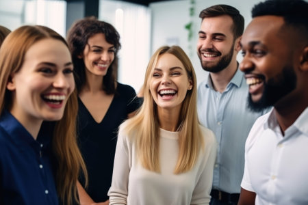 candid shot of several men and smiling women of different races, speaking in a modern, bright office can capture positive emotions and the diversity of the workplace. The selective focus can draw attention to the individuals, highlighting their personalities and creating a dynamic and engaging atmosphere in the photograph. Generative AIの素材