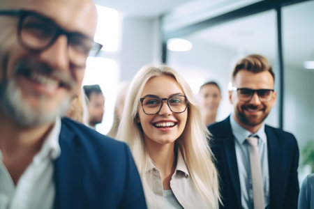 A candid shot of a business team comprised of several smiling men and women, engaged in conversation in a modern, bright office can convey a sense of professionalism and teamwork. The selective focus can capture the expressions and body language of the individuals, emphasizing their collaboration and creating a dynamic and energetic atmosphere in the photograph. Generative AIの素材