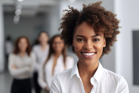 A business team with a curly-haired, pretty, and smiling black woman as the leader in a modern and bright office can represent diversity, inclusion, and leadership. The selective focus on the leader can highlight her confidence and competence, creating an engaging and inspiring atmosphere in the photograph. Generative AIの素材