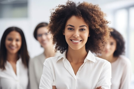 A business team with a curly-haired, pretty, and smiling black woman as the leader in a modern and bright office can represent diversity, inclusion, and leadership. The selective focus on the leader can highlight her confidence and competence, creating an engaging and inspiring atmosphere in the photograph. Generative AIの素材