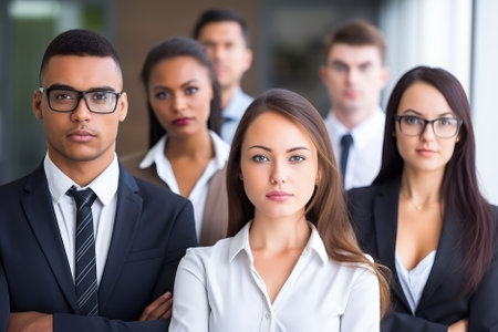 A business team consisting of several men and women of different races, collaborating and working together in a modern, bright office, can symbolize diversity, inclusion, and teamwork. The selective focus on the individuals can emphasize their unique personalities and create a dynamic and engaging atmosphere in the photograph. Generative AIの素材