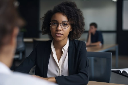A curly-haired, pretty black woman, 25 years old, in a white shirt, participating in negotiations with business partners in a modern, bright office, exudes a professional and confident demeanor. Her poised and articulate communication style reflects her astute business acumen, making her a valuable asset to her team. Generative AIの素材