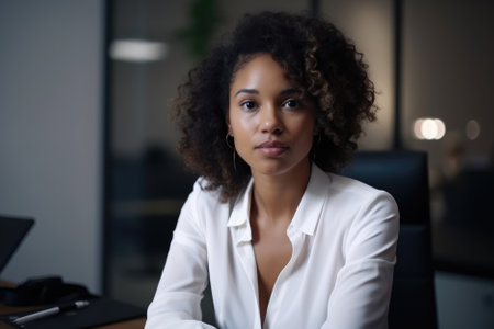 A curly-haired, pretty black woman, 25 years old, in a white shirt, participating in negotiations with business partners in a modern, bright office, exudes a professional and confident demeanor. Her poised and articulate communication style reflects her astute business acumen, making her a valuable asset to her team. Generative AIの素材