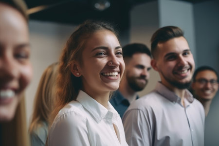 A candid shot of a business team comprised of several smiling men and women, engaged in conversation in a modern, bright office can convey a sense of professionalism and teamwork. The selective focus can capture the expressions and body language of the individuals, emphasizing their collaboration and creating a dynamic and energetic atmosphere in the photograph. Generative AIの素材