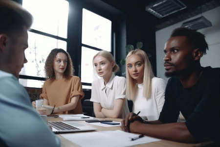 A candid shot of a business team comprised of several smiling men and women, engaged in conversation in a modern, bright office can convey a sense of professionalism and teamwork. The selective focus can capture the expressions and body language of the individuals, emphasizing their collaboration and creating a dynamic and energetic atmosphere in the photograph. Generative AIの素材