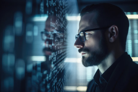 close-up view of a man who works with modern artificial intelligence (AI) technology, set in a futuristic style environment. The man may be programming, coding, or interacting with AI in some way. AI Generativeの素材