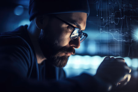 close-up view of a man who works with modern artificial intelligence (AI) technology, set in a futuristic style environment. The man may be programming, coding, or interacting with AI in some way. AI Generativeの素材