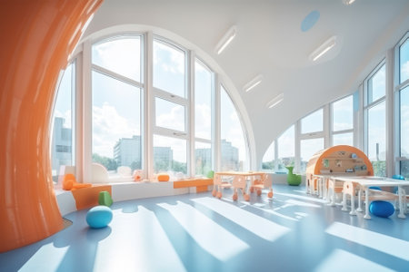 modern, futuristic-style kindergarten interior, designed to offer a cutting-edge learning environment for young children. It may feature innovative learning tools and technologies, as well as colorful and playful decor. Generative AIの素材