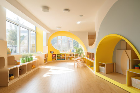 modern, futuristic-style kindergarten interior, designed to offer a cutting-edge learning environment for young children. It may feature innovative learning tools and technologies, as well as colorful and playful decor. Generative AIの素材