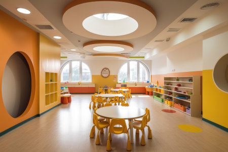 modern, futuristic-style kindergarten interior, designed to offer a cutting-edge learning environment for young children. It may feature innovative learning tools and technologies, as well as colorful and playful decor. Generative AIの素材